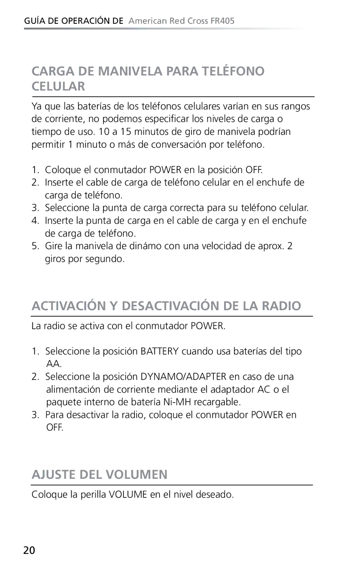 Eton FR405 owner manual Carga DE Manivela Para Teléfono Celular, Activación Y Desactivación DE LA Radio, Ajuste DEL Volumen 