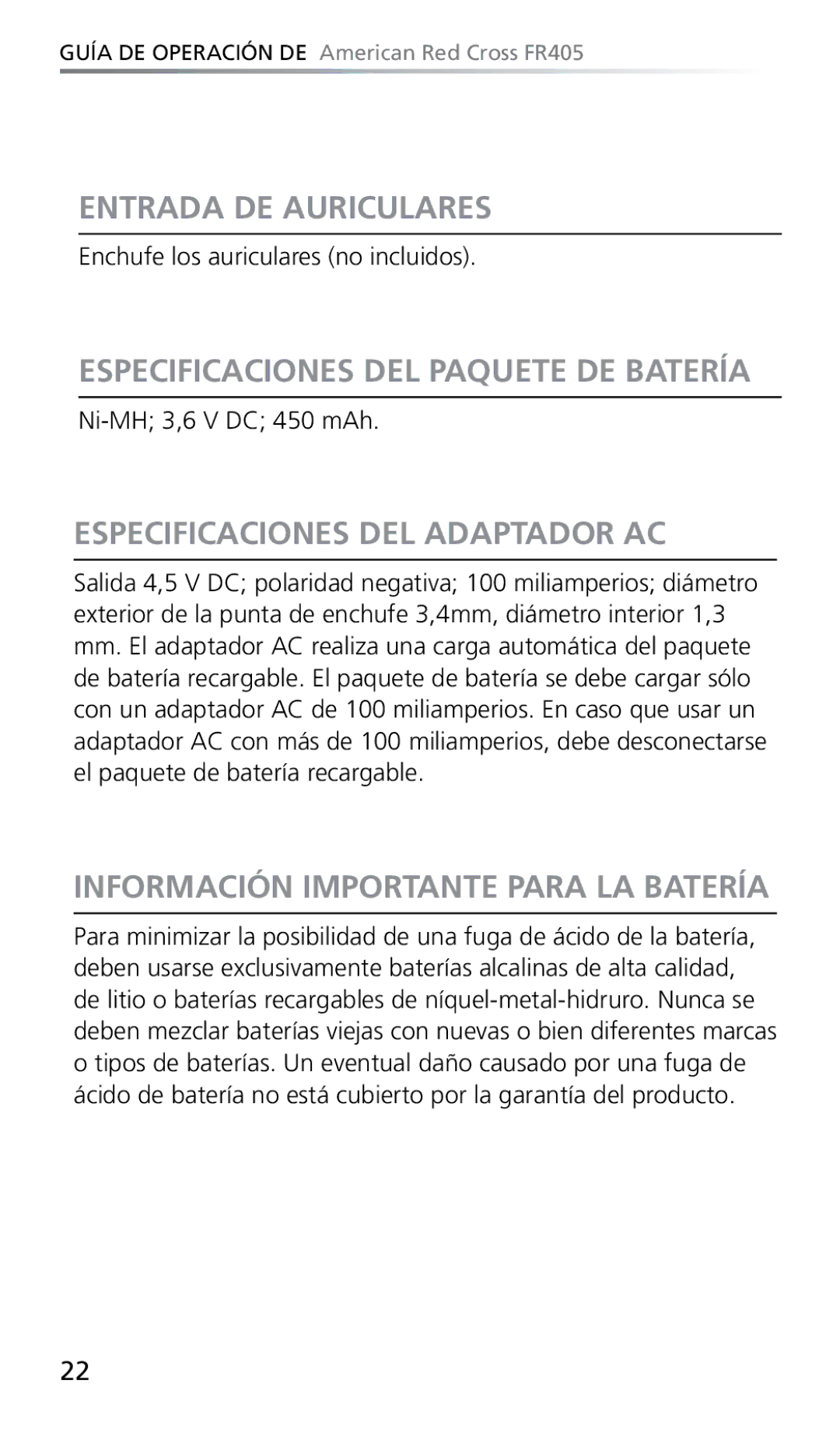 Eton FR405 owner manual Entrada DE Auriculares, Especificaciones DEL Paquete DE Batería, Especificaciones DEL Adaptador AC 