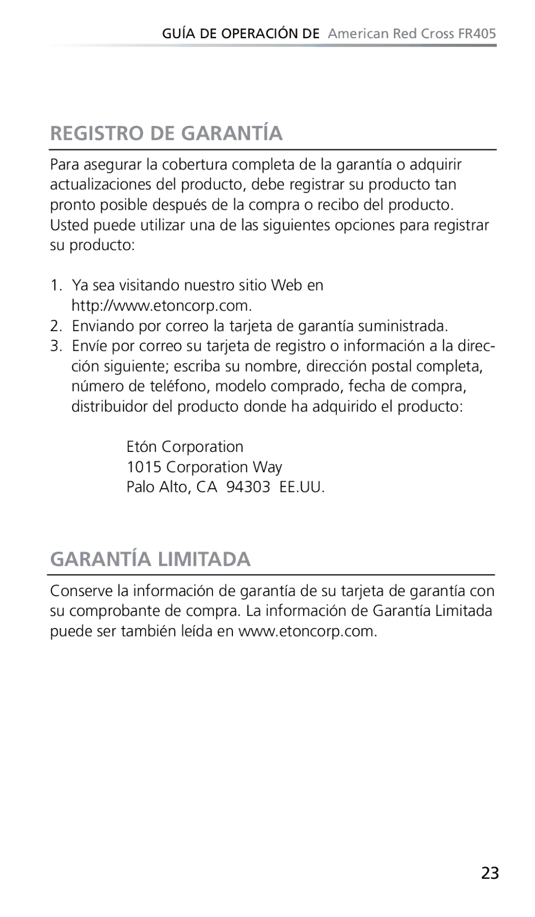 Eton FR405 owner manual Registro DE Garantía, Garantía Limitada 