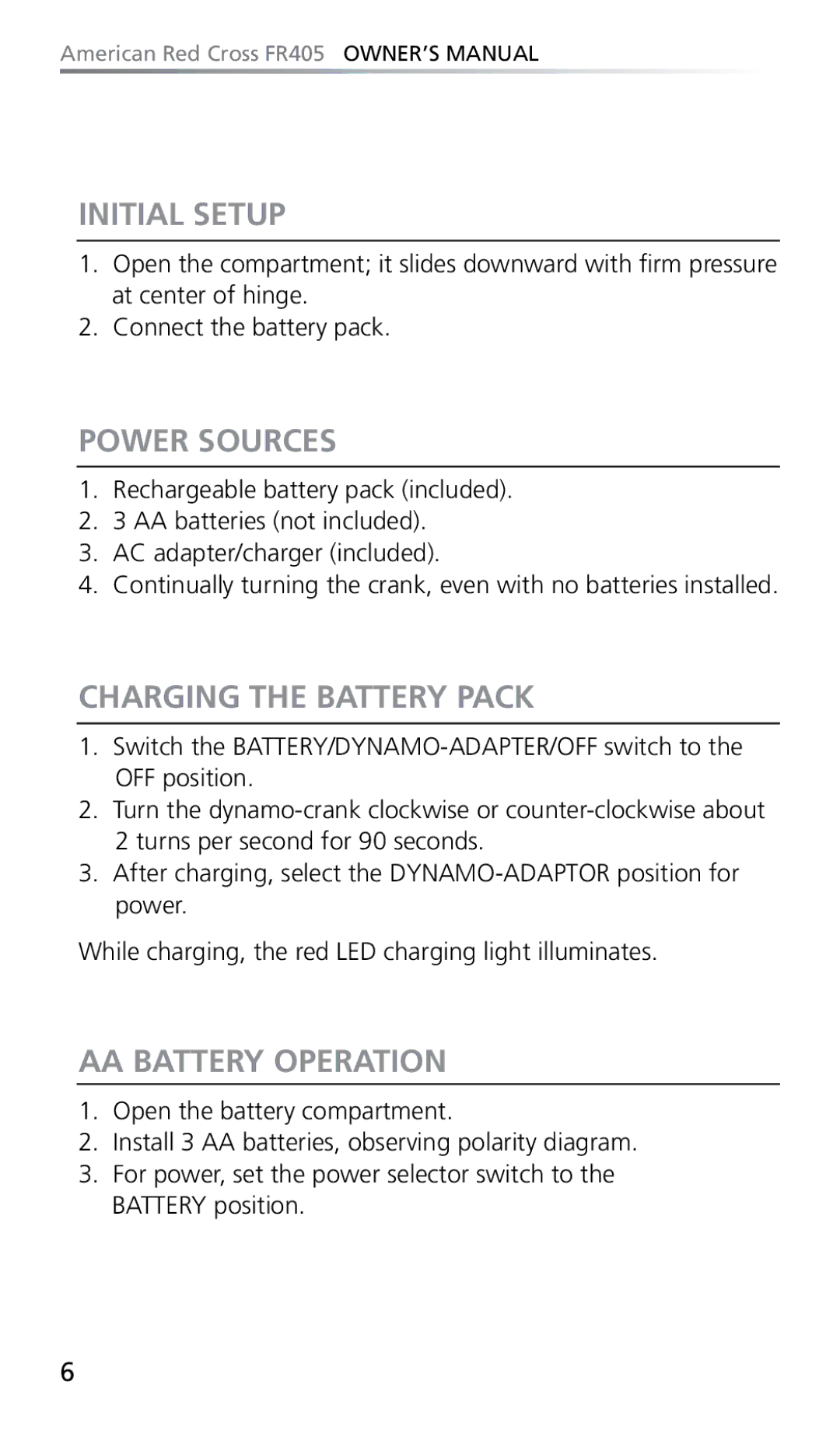 Eton FR405 owner manual Initial Setup, Power Sources, Charging the Battery Pack, AA Battery Operation 