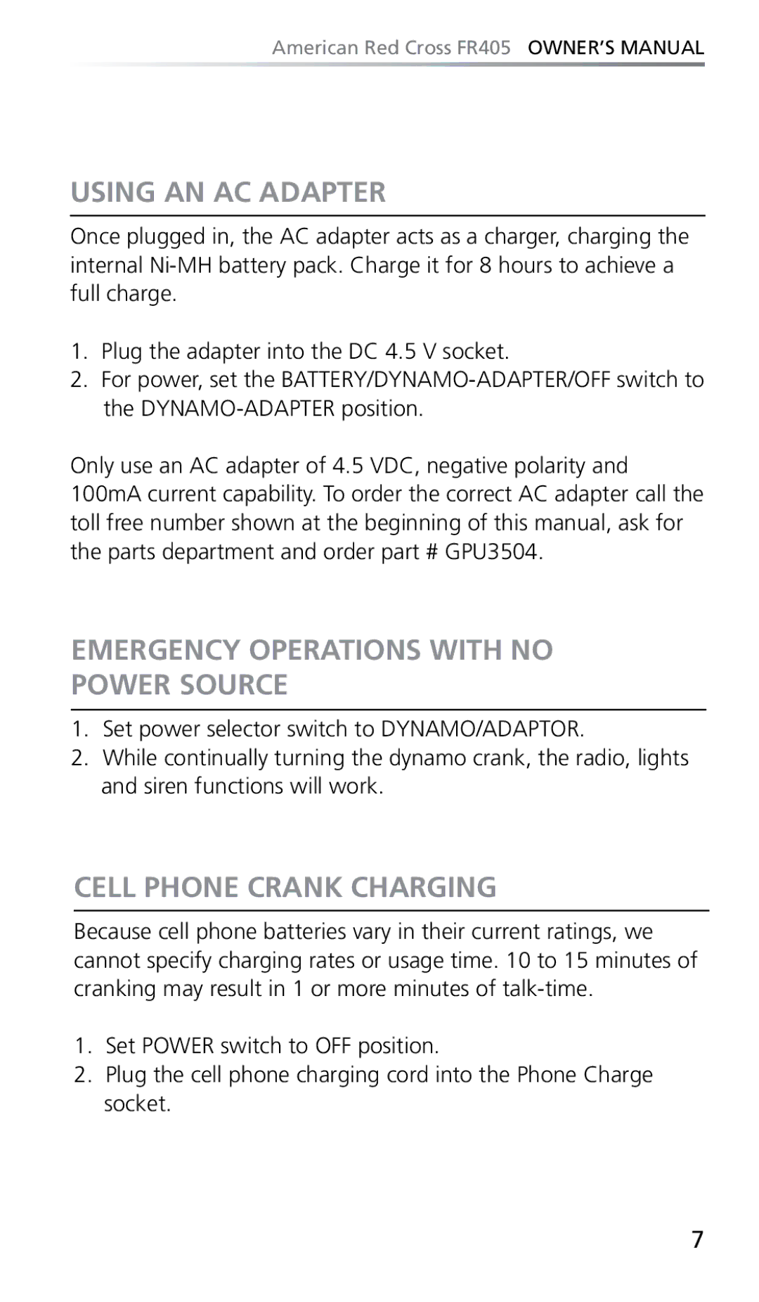 Eton FR405 owner manual Using AN AC Adapter, Emergency Operations with no Power Source, Cell Phone Crank Charging 