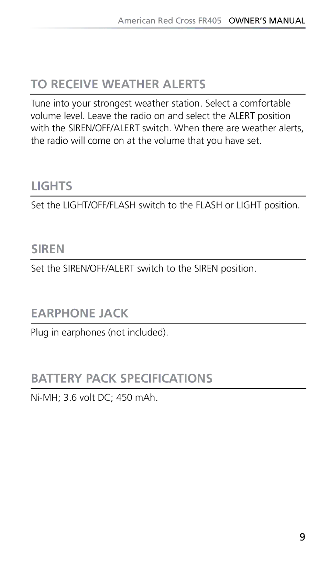 Eton FR405 owner manual To Receive Weather Alerts, Lights, Siren, Earphone Jack, Battery Pack Specifications 