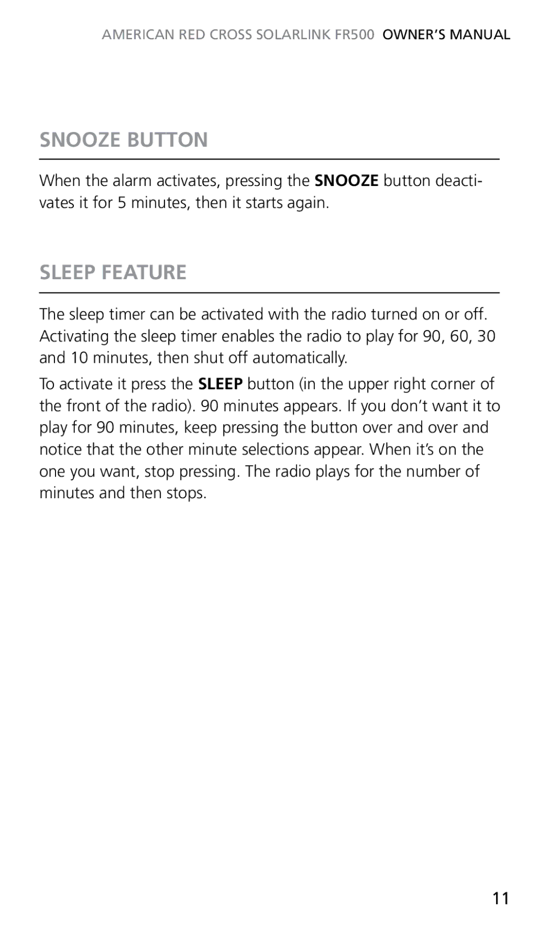 Eton FR500 owner manual Snooze Button, Sleep Feature 