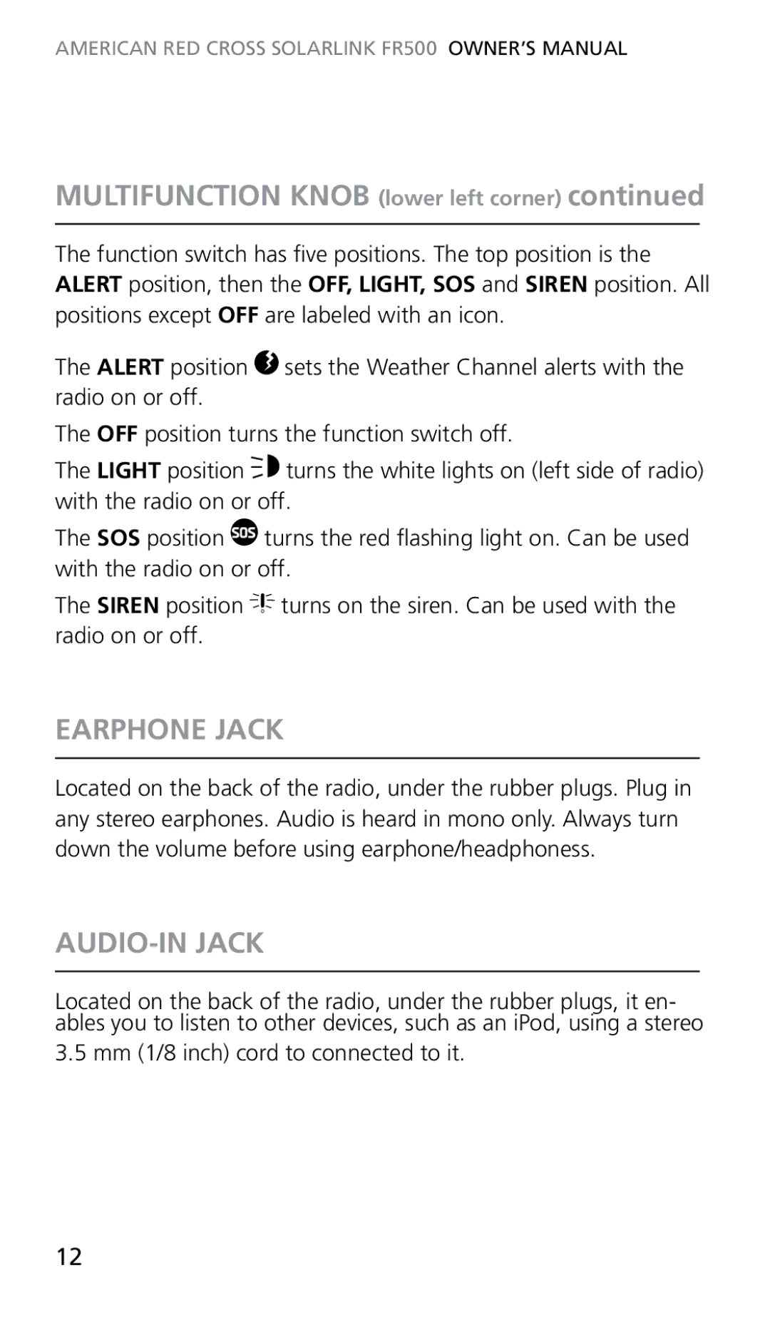 Eton FR500 owner manual Multifunction Knob lower left corner, Earphone Jack, AUDIO-IN Jack 