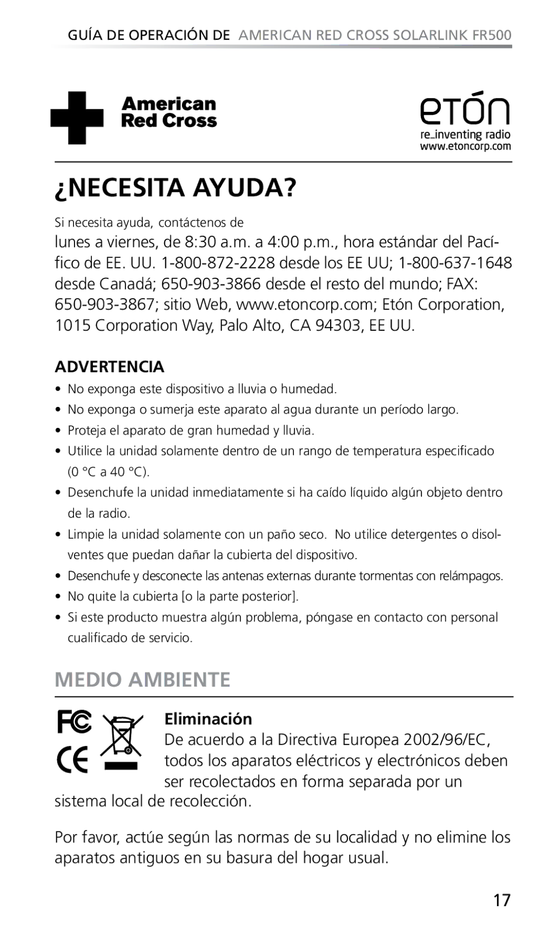 Eton FR500 owner manual ¿Necesita ayuda?, Medio Ambiente 