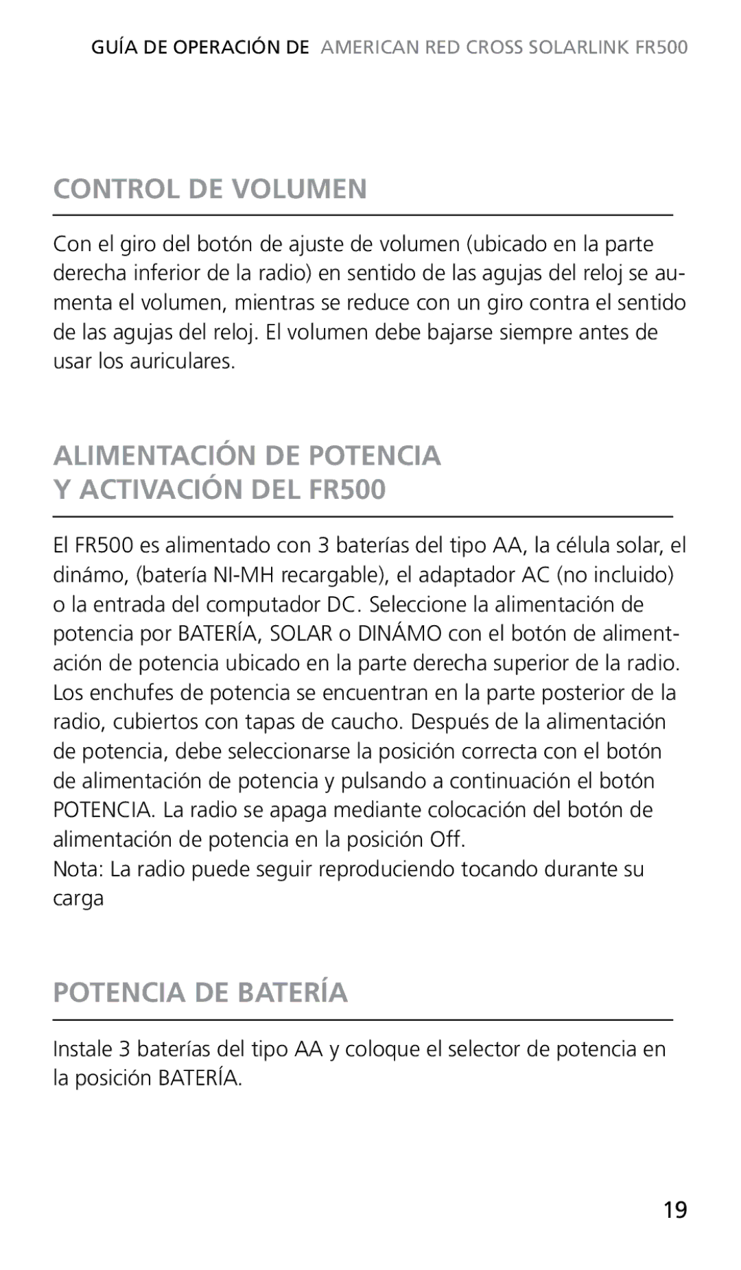 Eton owner manual Control DE Volumen, Alimentación DE Potencia Activación DEL FR500, Potencia DE Batería 