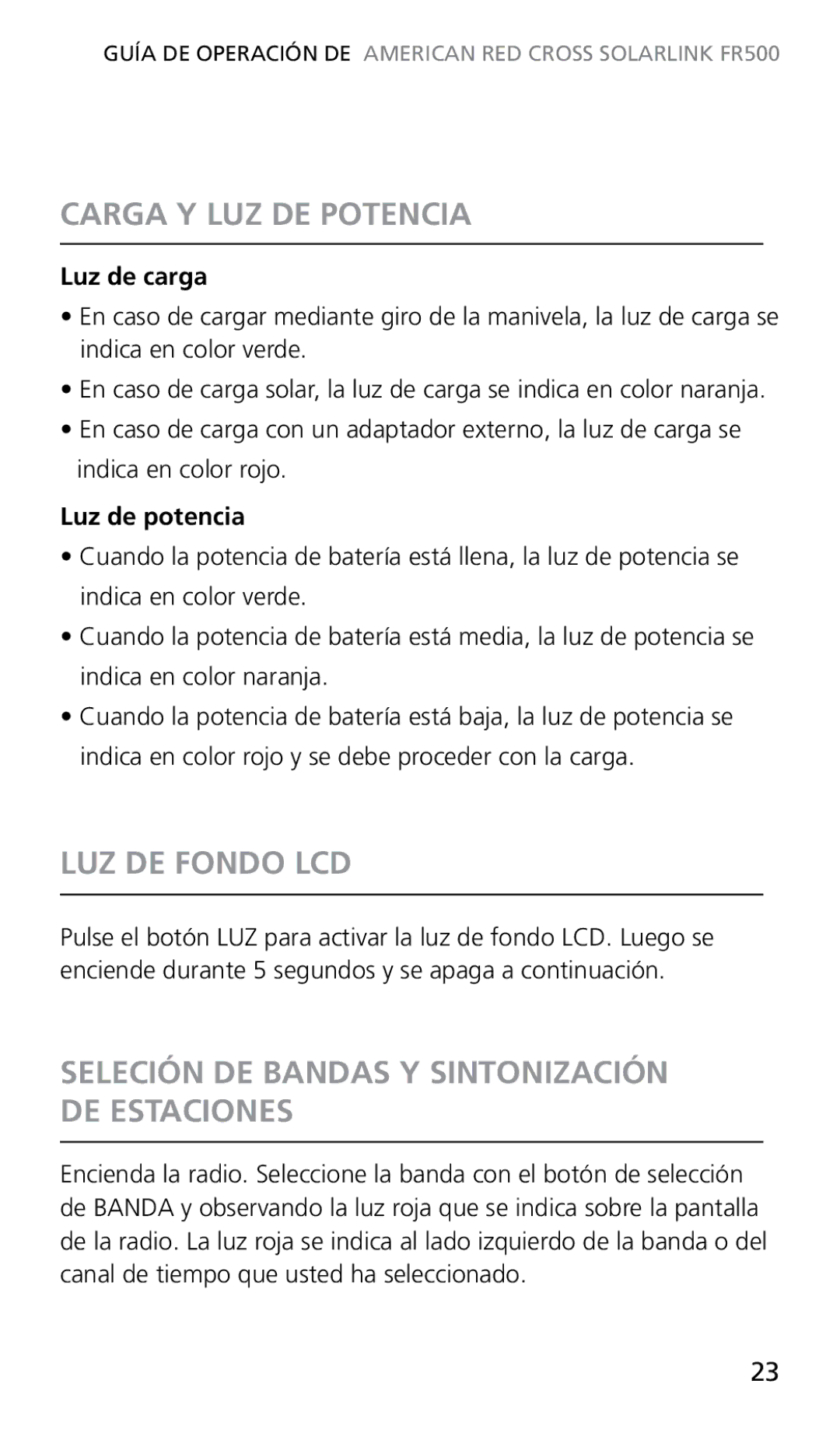 Eton FR500 owner manual Carga Y LUZ DE Potencia, LUZ DE Fondo LCD, Seleción DE Bandas Y Sintonización DE Estaciones 