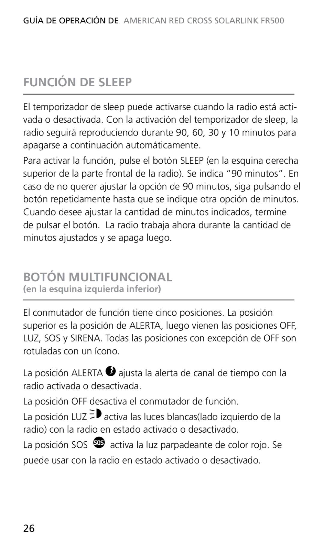 Eton FR500 owner manual Función DE Sleep, Botón Multifuncional 