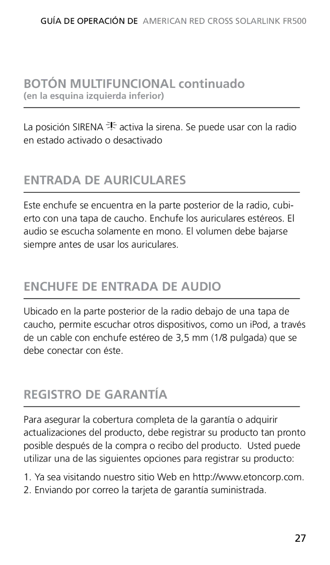 Eton FR500 Botón Multifuncional continuado, Entrada DE Auriculares, Enchufe DE Entrada DE Audio, Registro DE Garantía 