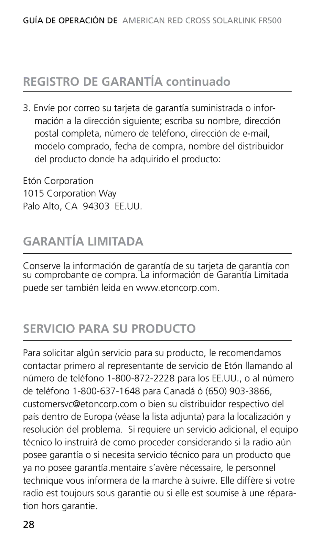 Eton FR500 owner manual Registro DE Garantía continuado, Garantía Limitada, Servicio Para SU Producto 