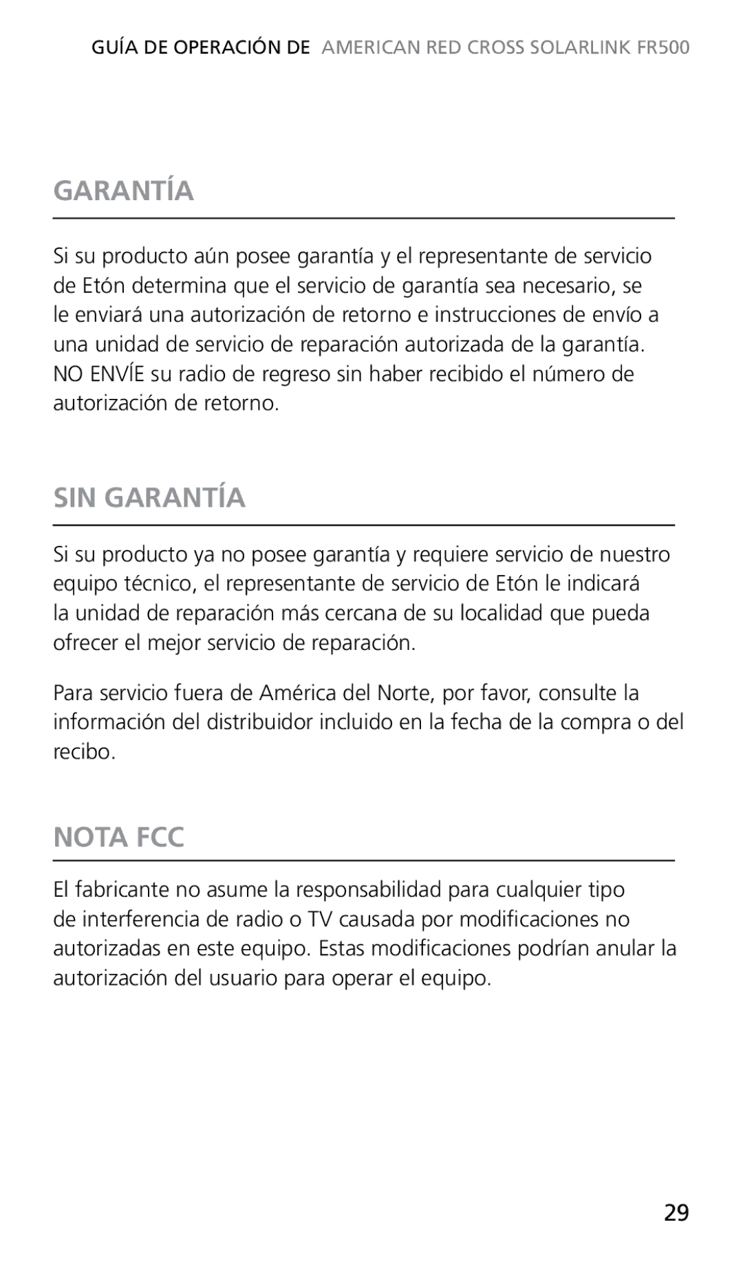 Eton FR500 owner manual SIN Garantía, Nota FCC 