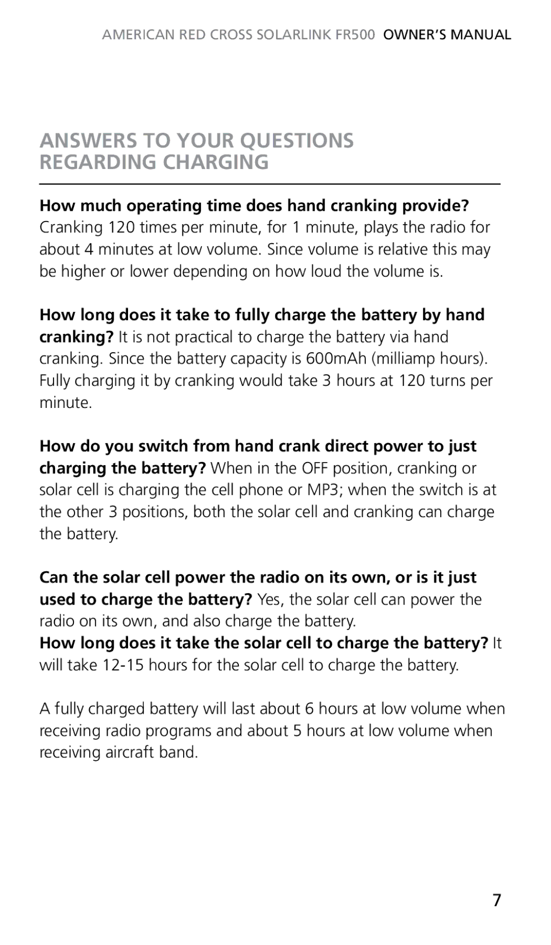 Eton FR500 owner manual Answers to Your Questions Regarding Charging 