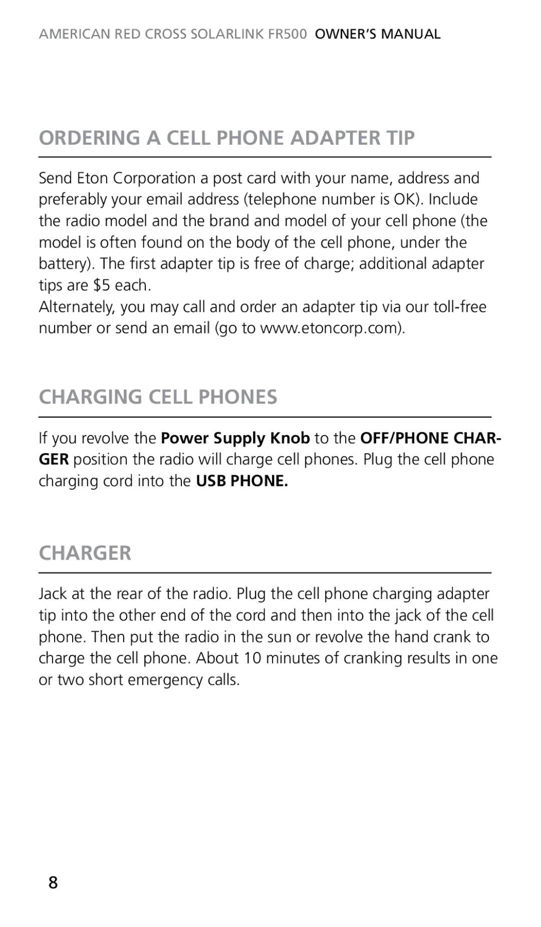 Eton FR500 owner manual Ordering a Cell Phone Adapter TIP, Charging Cell Phones, Charger 