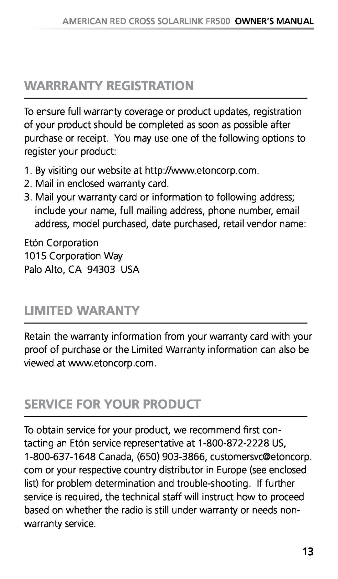 Eton FR500 owner manual Warrranty Registration, Limited Waranty, Service For Your Product 