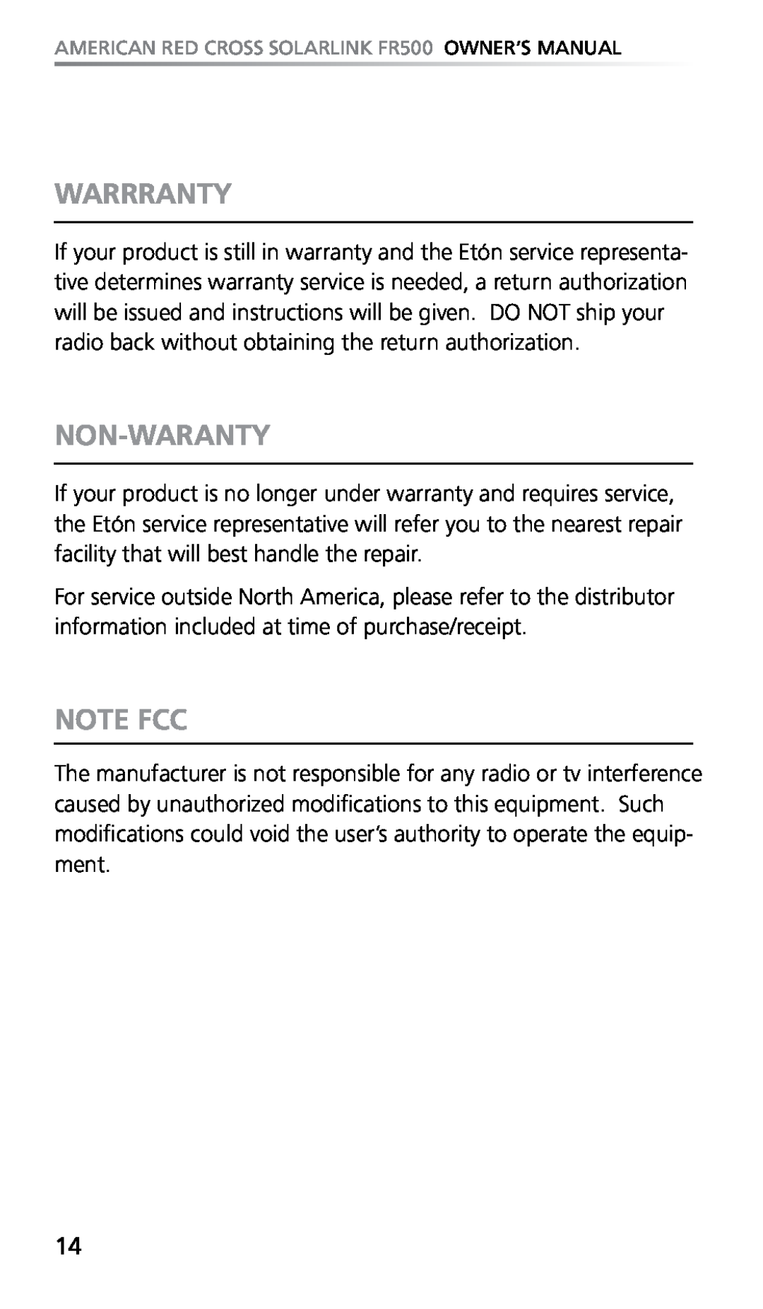 Eton FR500 owner manual Warrranty, Non-Waranty, Note FCC 