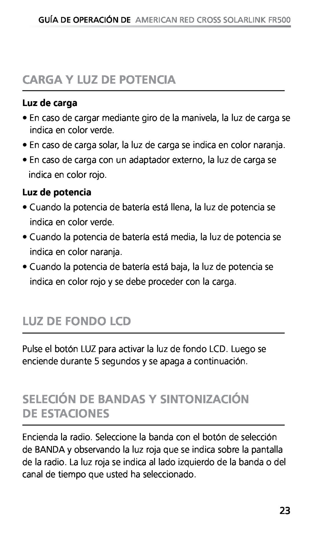 Eton FR500 Carga Y Luz De Potencia, Luz De Fondo Lcd, Seleción De Bandas Y Sintonización De Estaciones, Luz de carga 