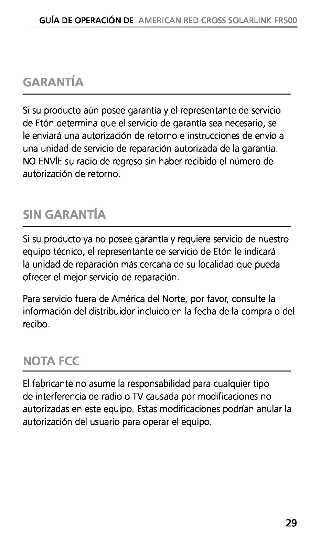 Eton FR500 owner manual Sin Garantía, Nota FCC 