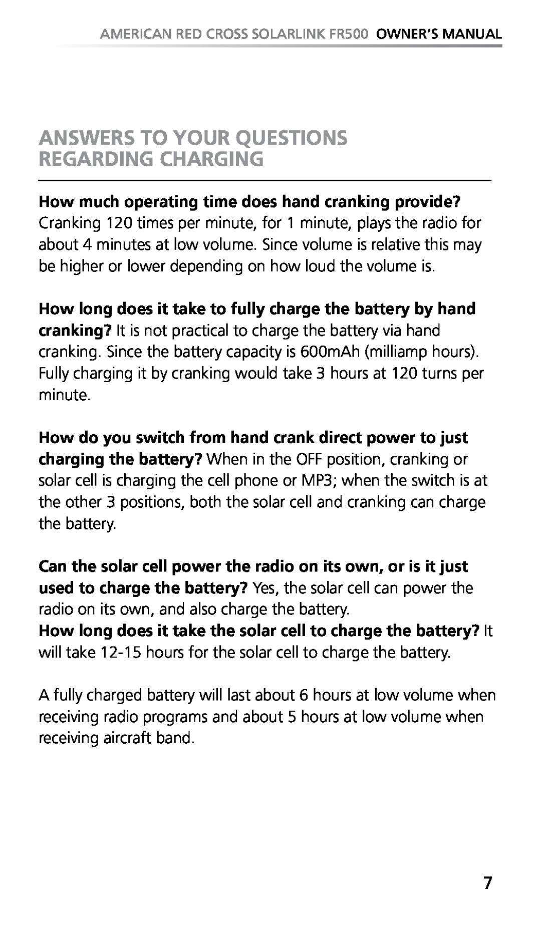 Eton FR500 owner manual Answers To Your Questions Regarding Charging 