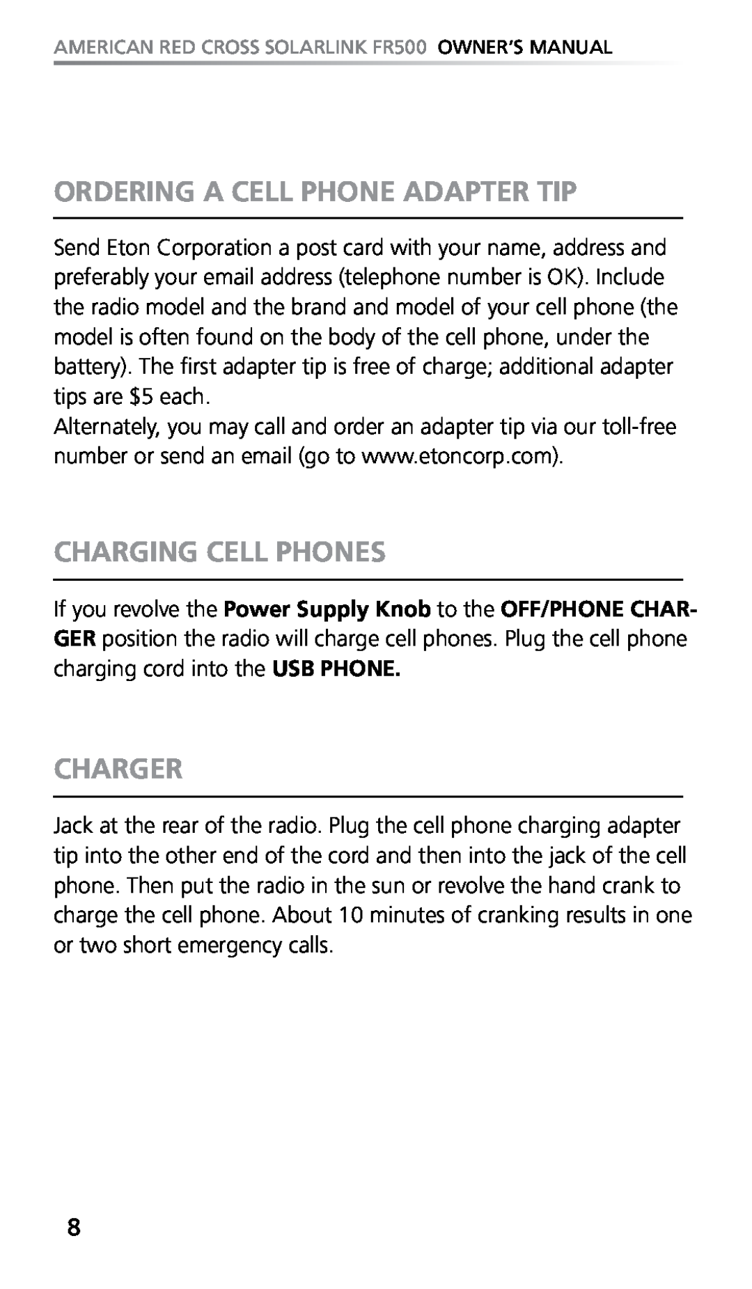 Eton FR500 owner manual Ordering A Cell Phone Adapter Tip, Charging Cell Phones, Charger 