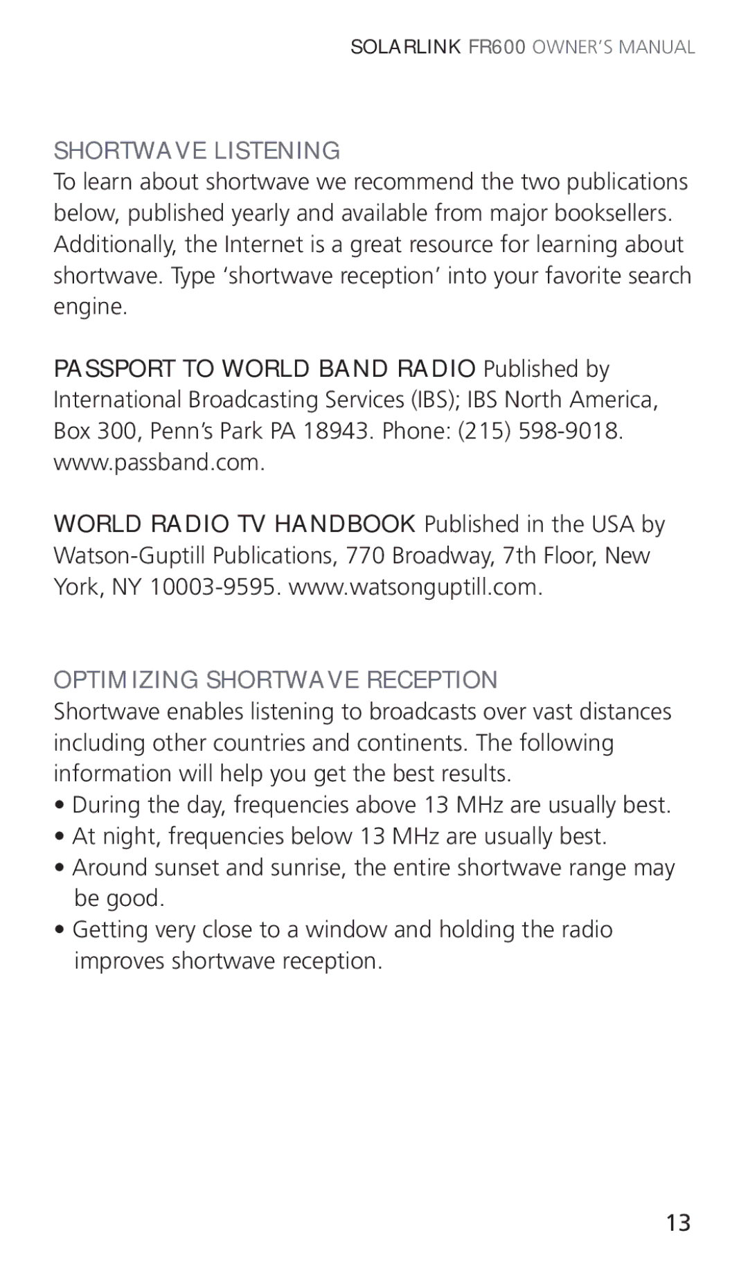 Eton ARCFR600R owner manual Shortwave Listening, Optimizing Shortwave Reception 