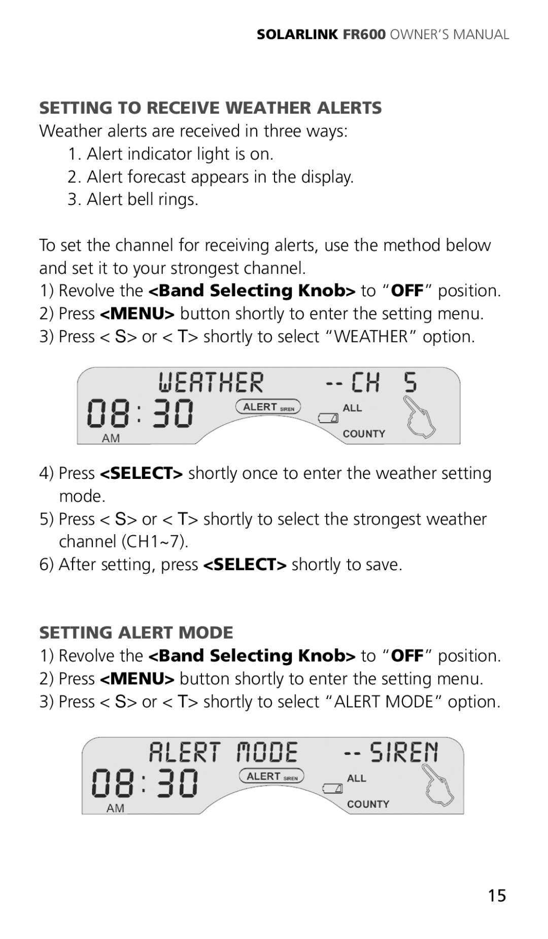 Eton ARCFR600R owner manual Setting to Receive Weather Alerts, Setting Alert Mode 