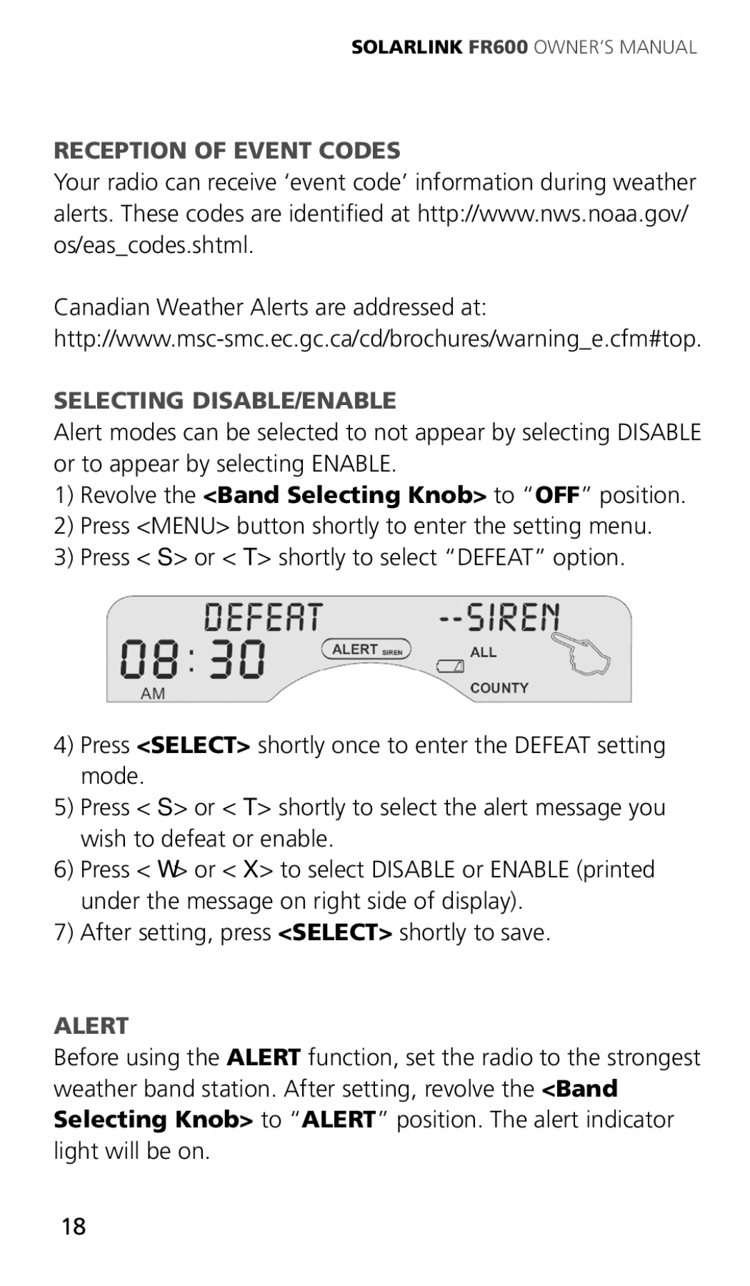 Eton ARCFR600R owner manual Reception of Event Codes Selecting DISABLE/ENABLE, Alert 