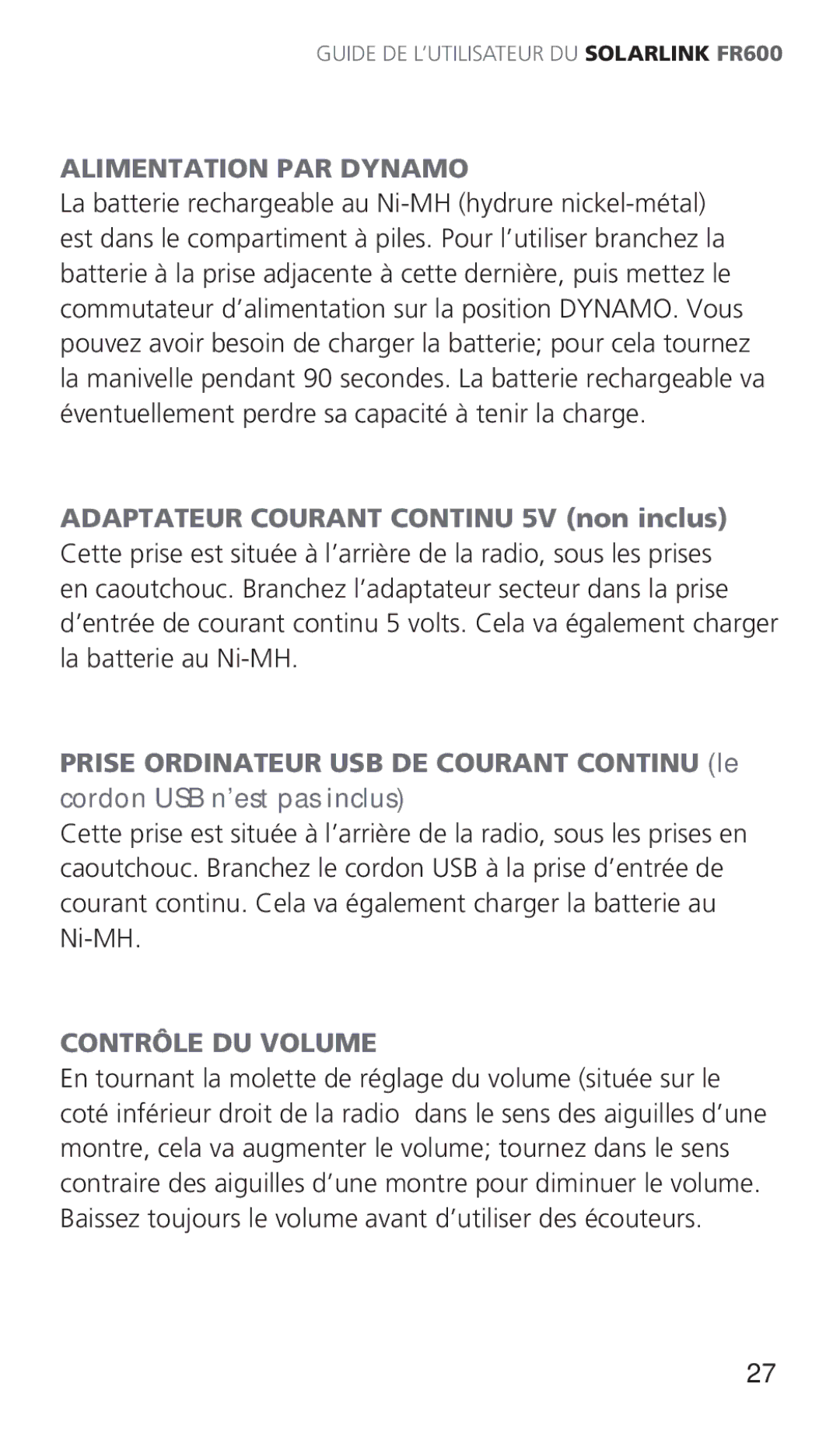 Eton ARCFR600R owner manual Alimentation PAR Dynamo, Contrôle DU Volume 