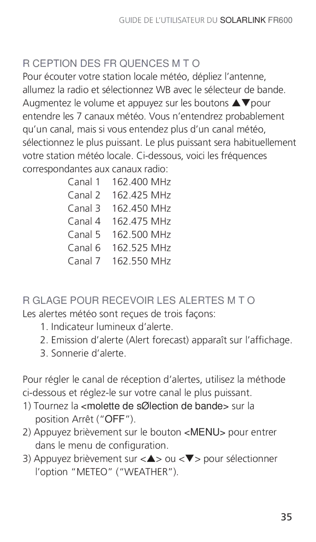 Eton ARCFR600R owner manual Réception DES Fréquences Météo 