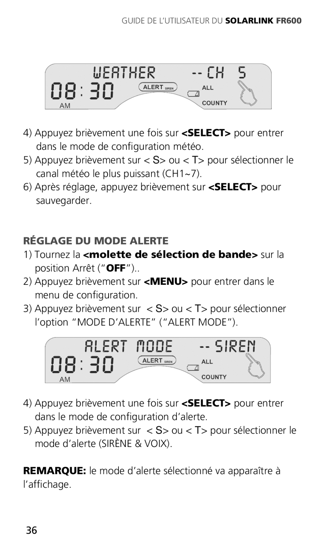 Eton ARCFR600R owner manual Réglage DU Mode Alerte 