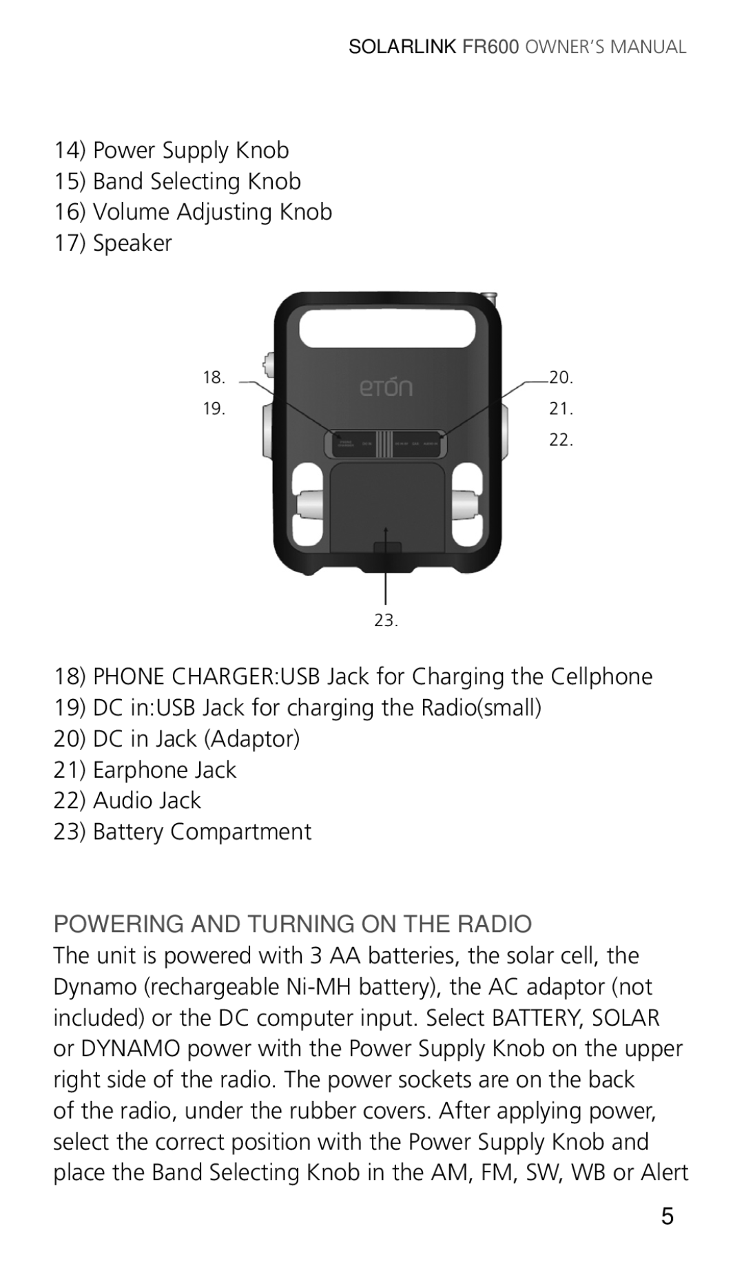 Eton ARCFR600R owner manual Powering and Turning on the Radio 