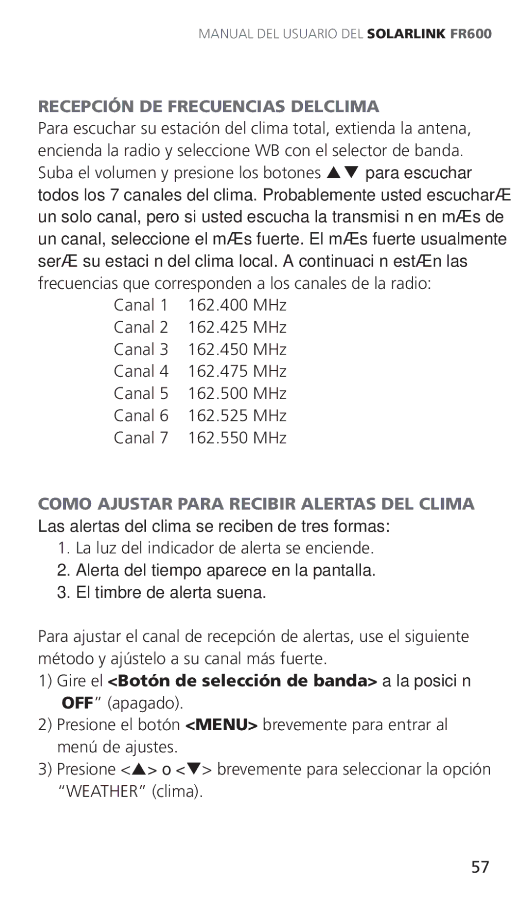 Eton ARCFR600R owner manual Recepción DE Frecuencias Delclima 