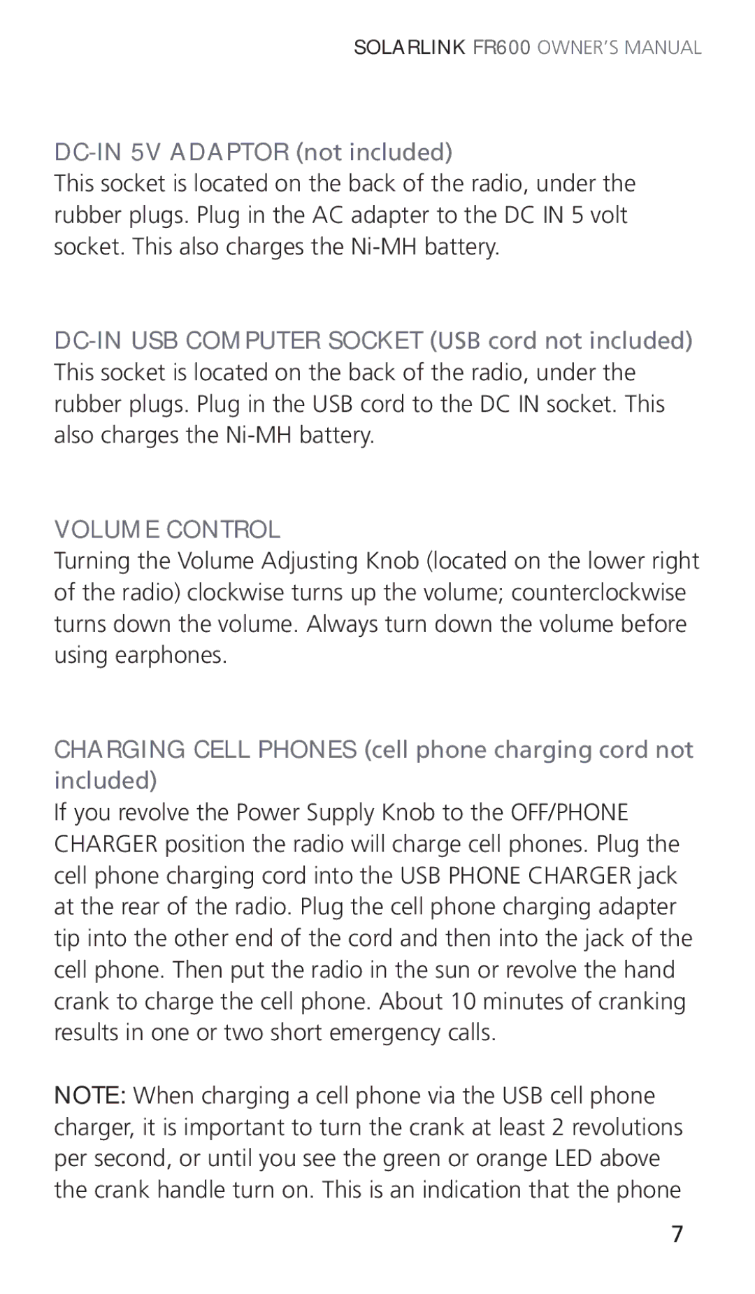 Eton ARCFR600R owner manual DC-IN 5V Adaptor not included, Volume Control 