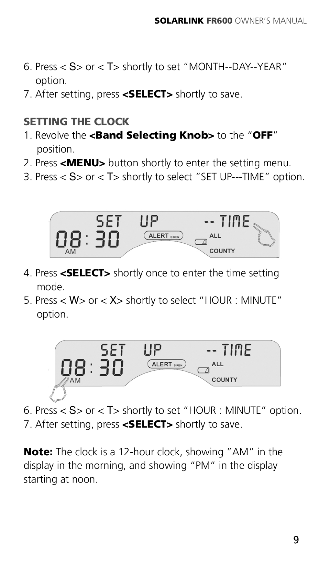 Eton ARCFR600R owner manual Setting the Clock 