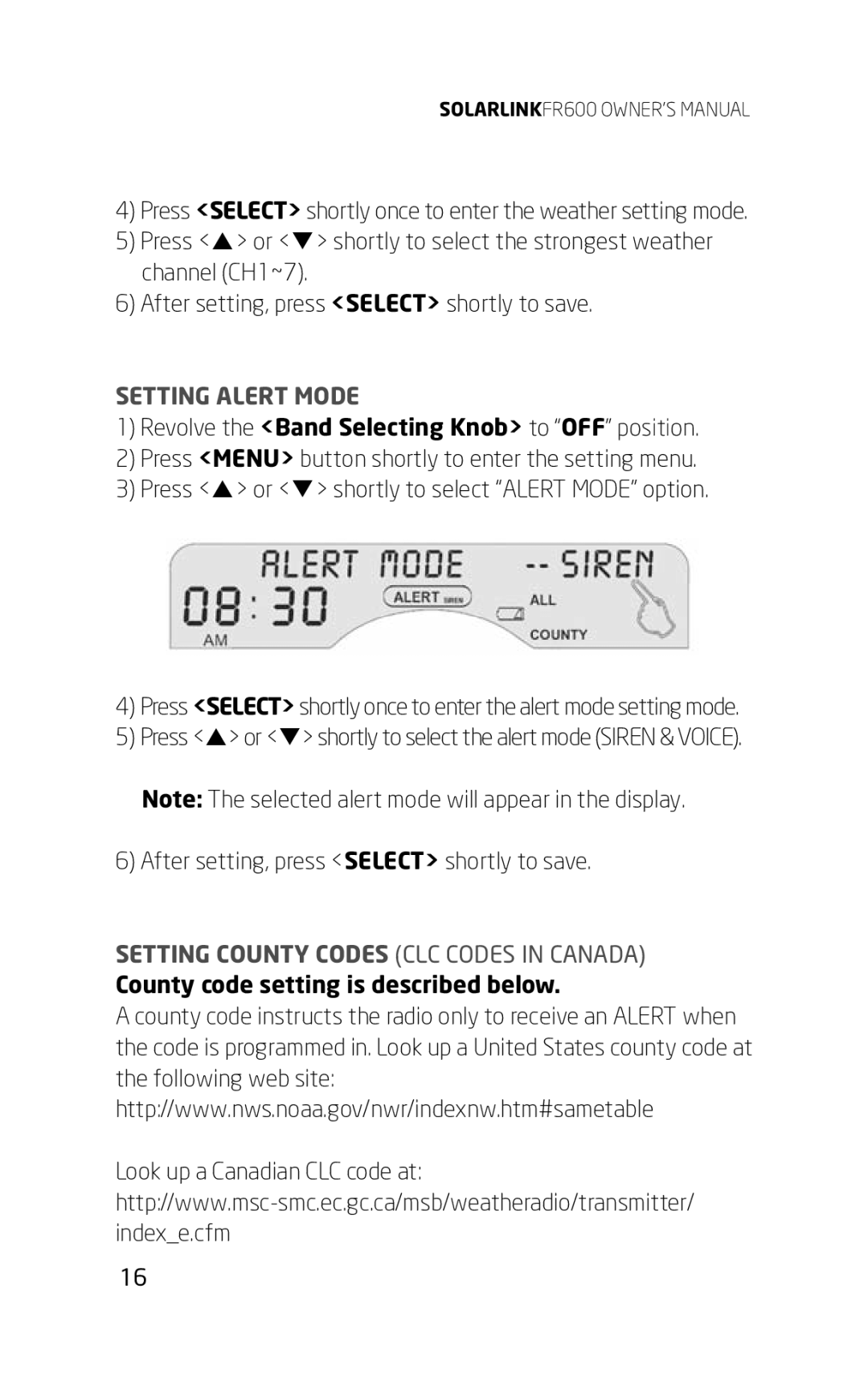 Eton FR600 Setting Alert Mode, Setting County Codes CLC Codes in Canada, County code setting is described below 