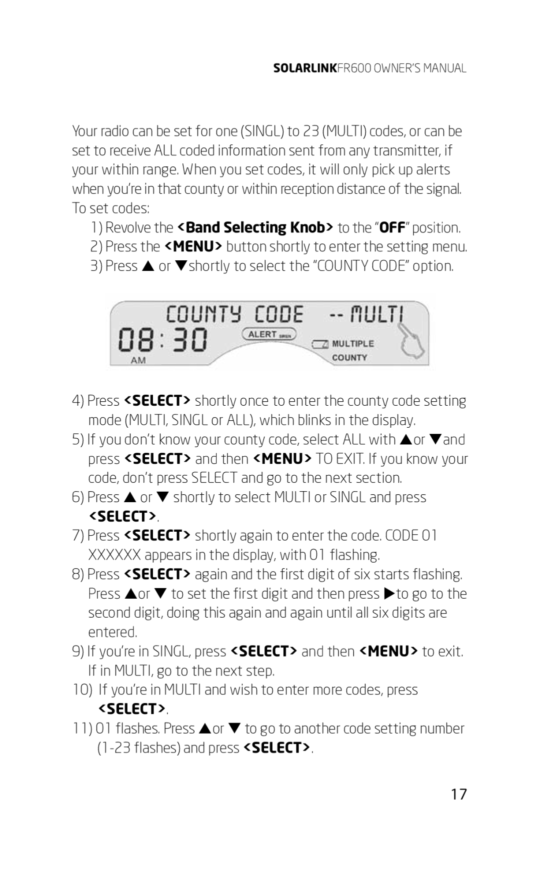 Eton FR600 owner manual Press the Menu button shortly to enter the setting menu, Select 