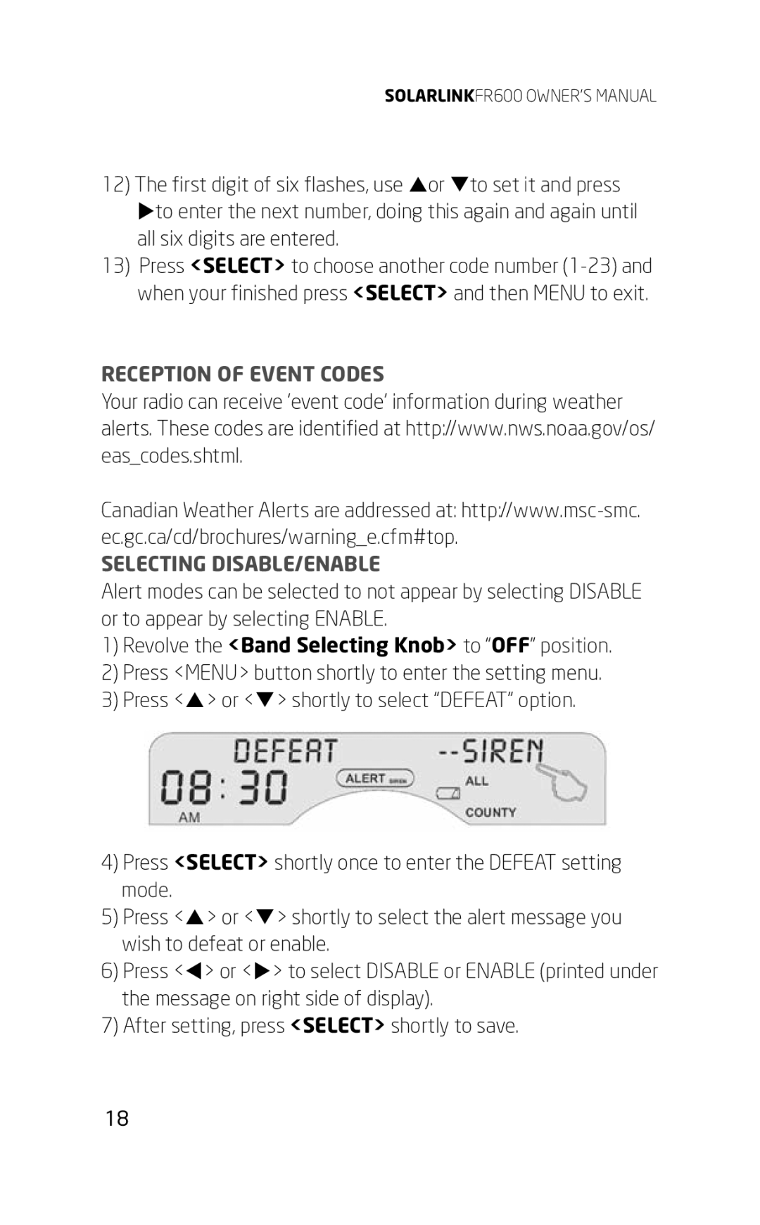 Eton FR600 owner manual Reception of Event Codes Selecting DISABLE/ENABLE 