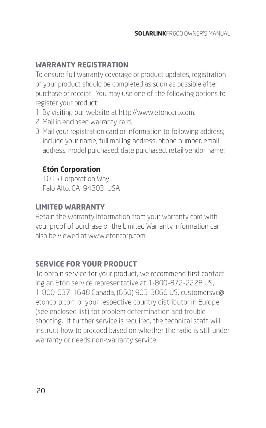 Eton FR600 owner manual Warranty Registration, Etón Corporation, Limited Warranty Service for Your Product 