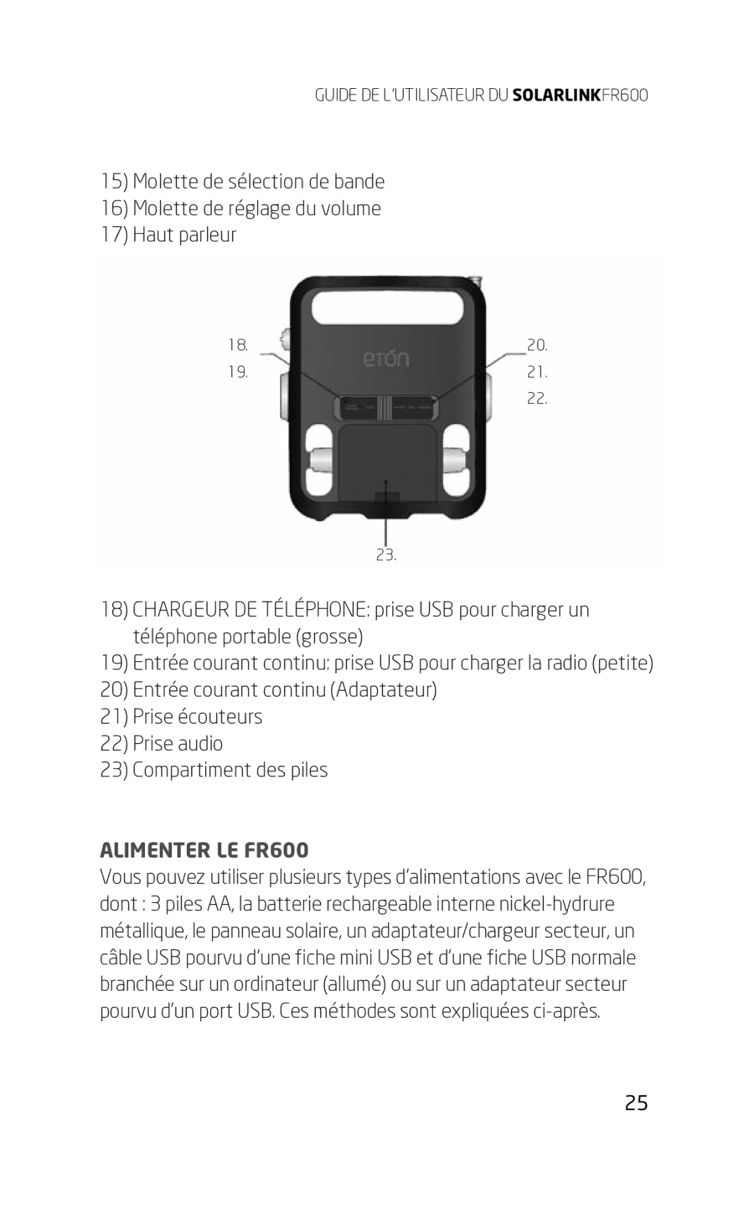 Eton owner manual Alimenter LE FR600 