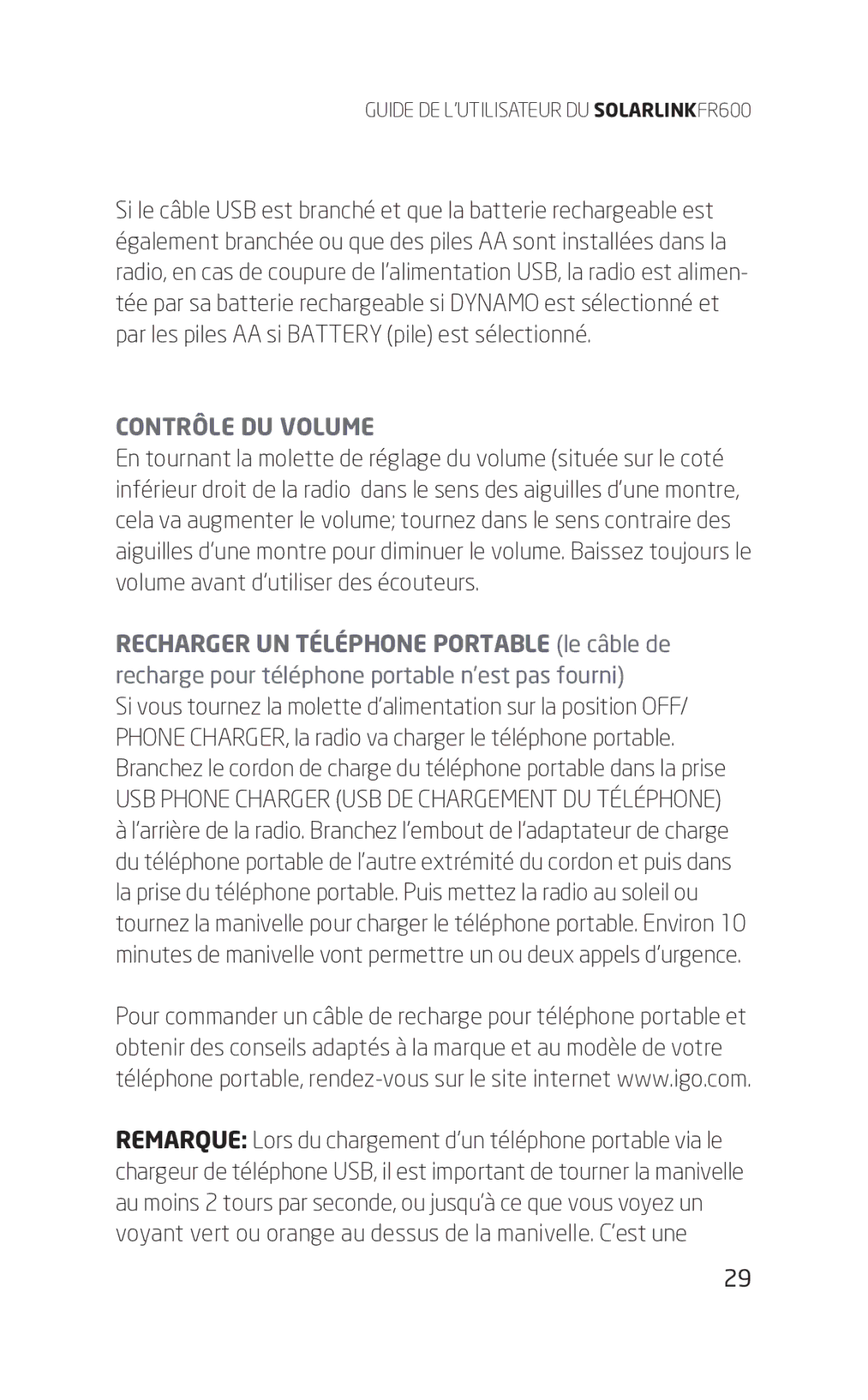 Eton FR600 owner manual Contrôle DU Volume, USB Phone Charger USB DE Chargement DU Téléphone 