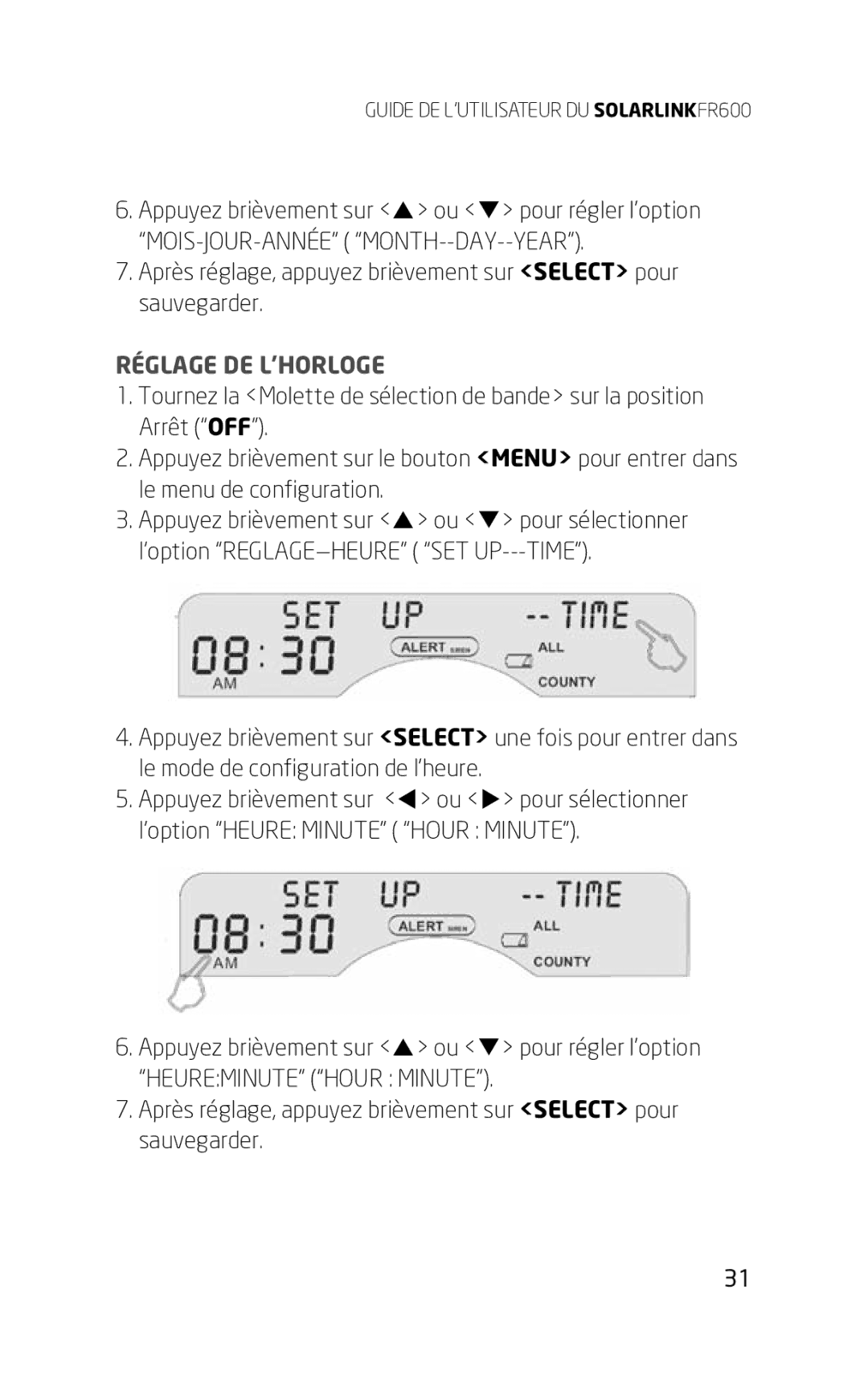 Eton FR600 owner manual Réglage DE L’HORLOGE 