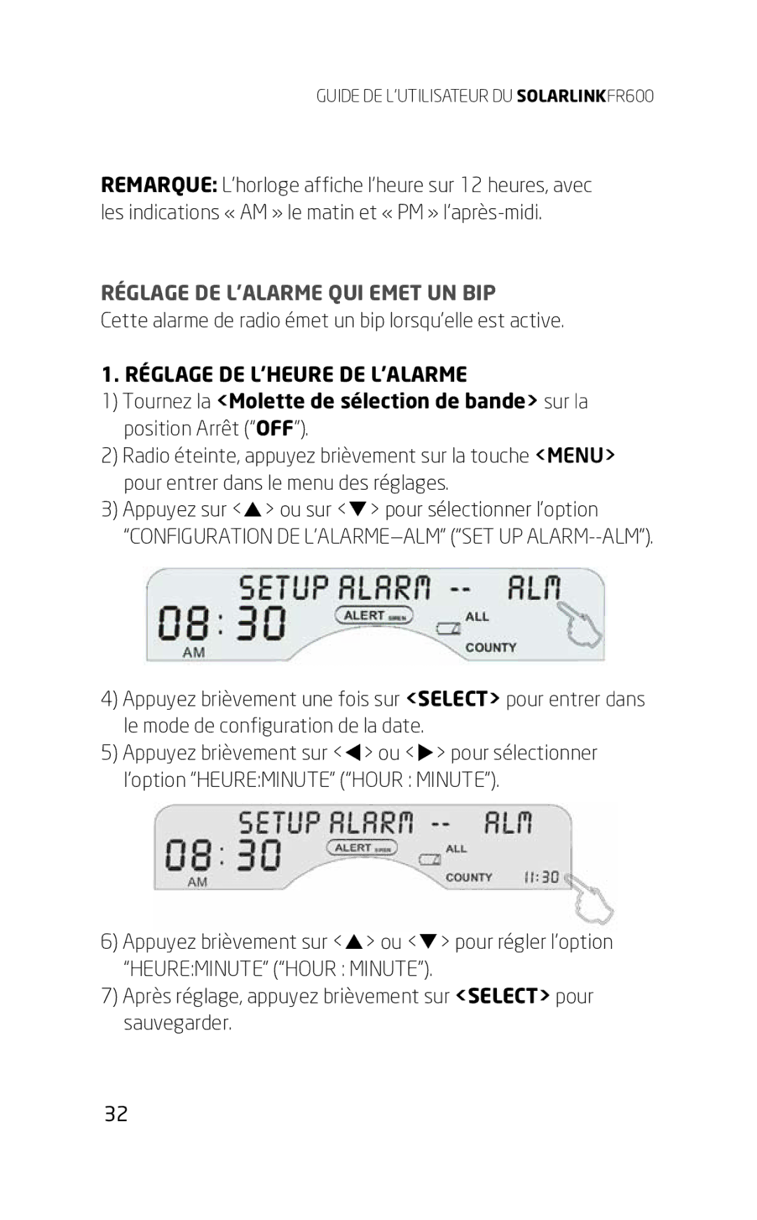 Eton FR600 owner manual Réglage DE L’ALARME QUI Emet UN BIP, Réglage DE L’HEURE DE L’ALARME 