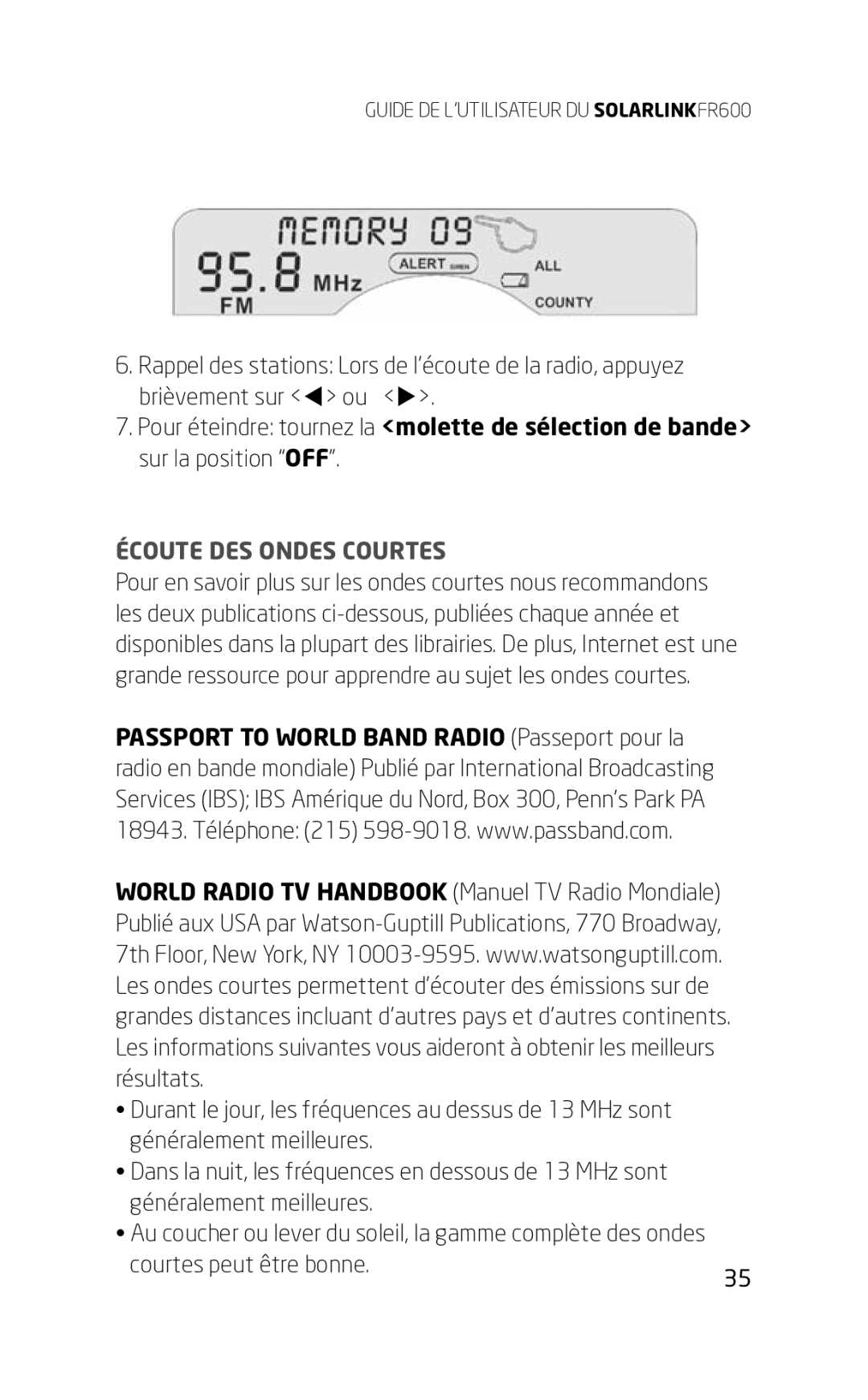 Eton FR600 owner manual Écoute DES Ondes Courtes 