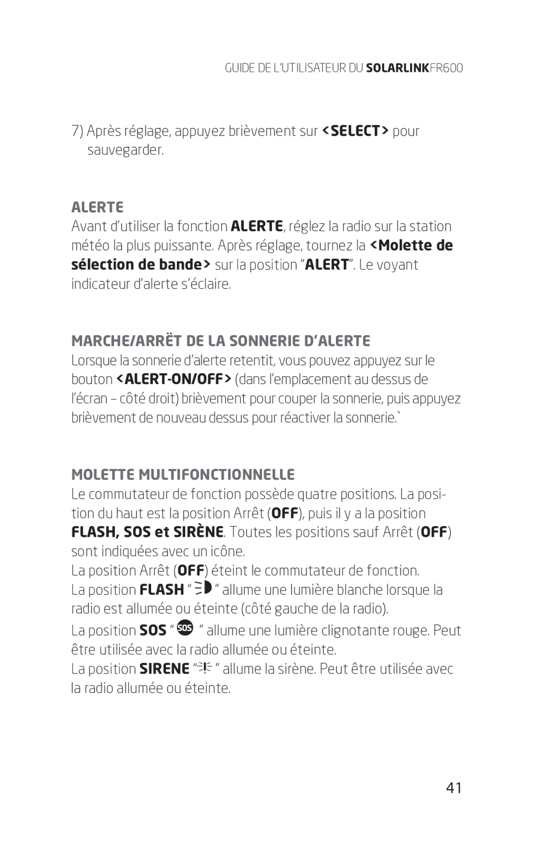 Eton FR600 owner manual Alerte, MARCHE/ARRËT DE LA Sonnerie D’ALERTE, Molette Multifonctionnelle 