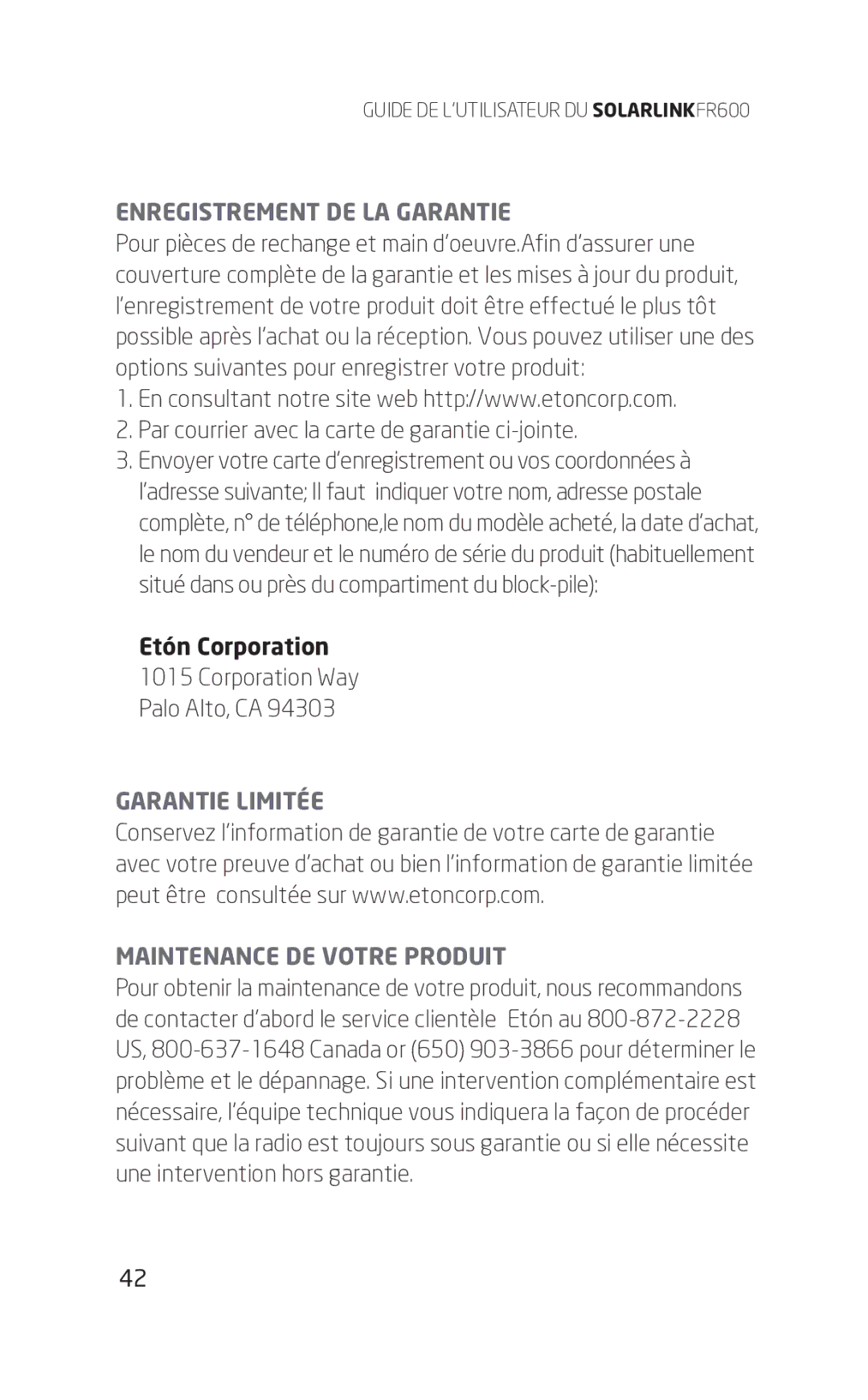 Eton FR600 owner manual Enregistrement DE LA Garantie, Garantie Limitée Maintenance DE Votre Produit 