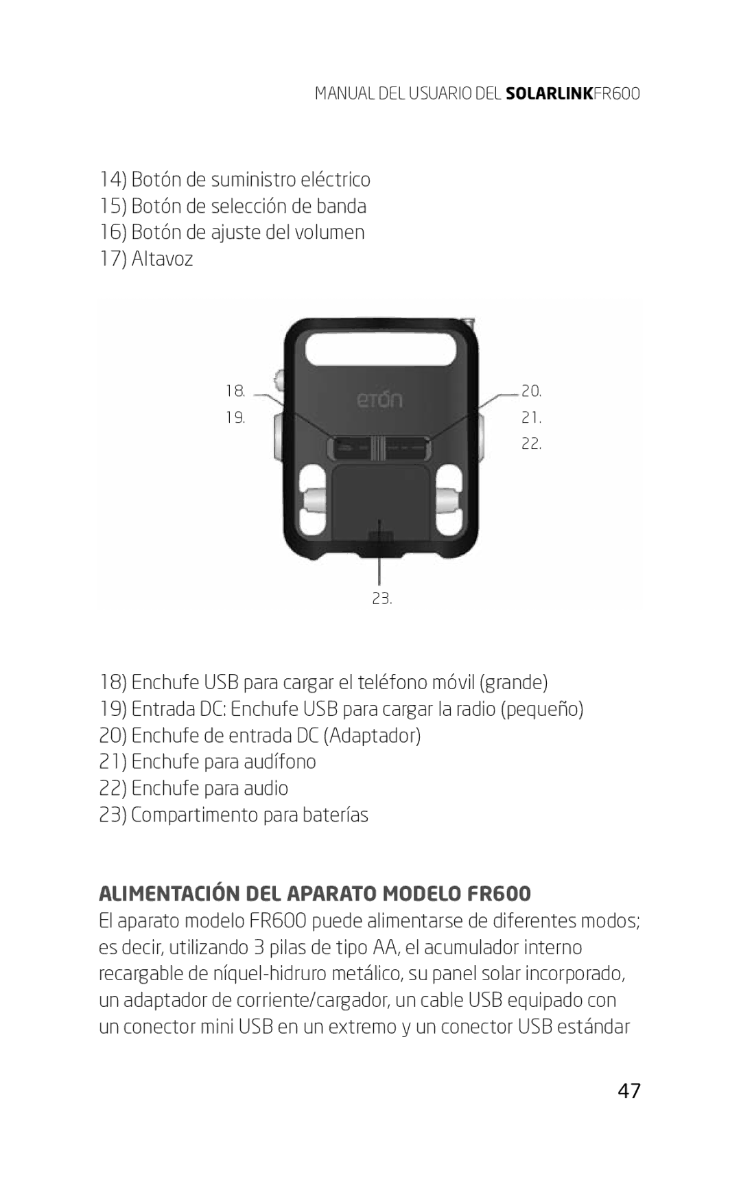 Eton owner manual Alimentación DEL Aparato Modelo FR600 