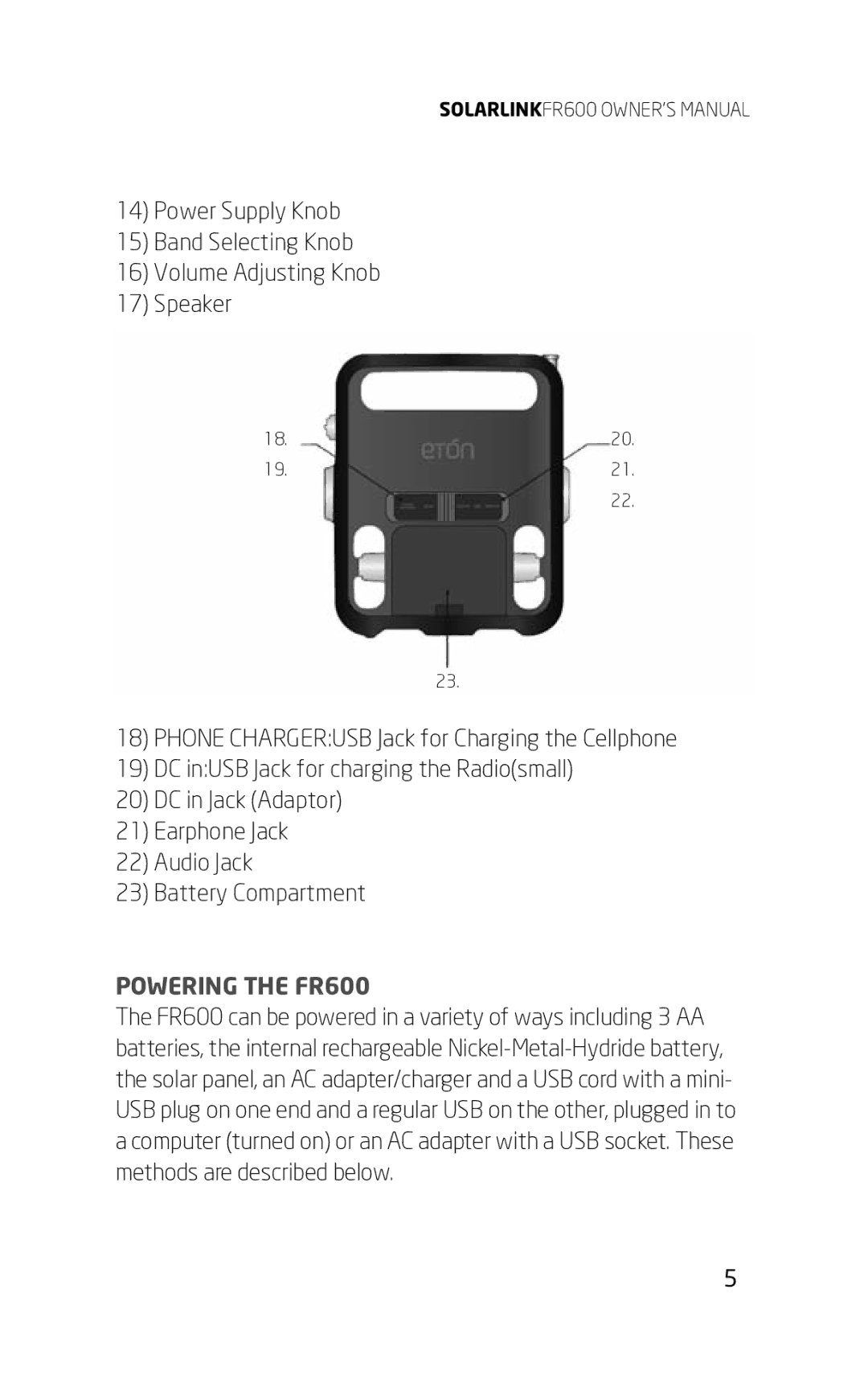 Eton owner manual Powering the FR600 