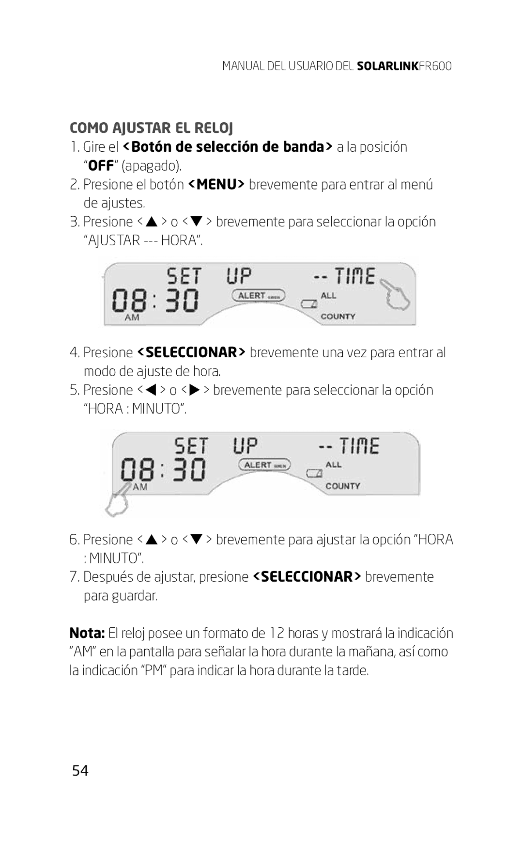 Eton FR600 owner manual Como Ajustar EL Reloj, Gire el Botón de selección de banda a la posición 