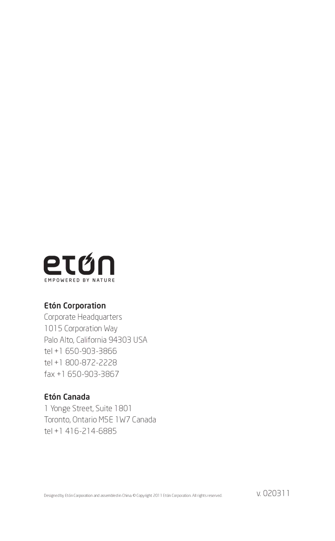 Eton FR600 owner manual Etón Corporation Corporate Headquarters 1015 Corporation Way 