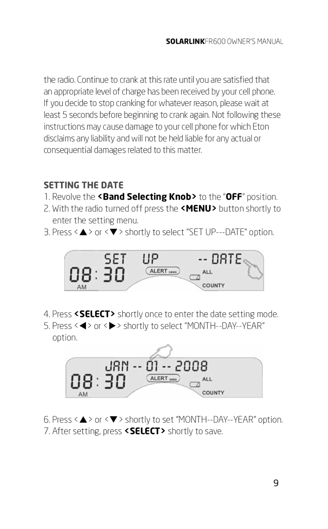 Eton FR600 owner manual Setting the Date 