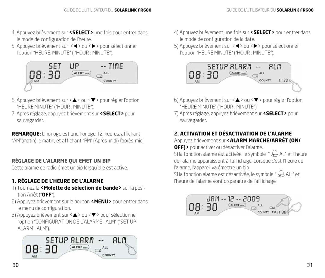 Eton FR600 owner manual Réglage DE L’ALARME QUI Emet UN BIP, Cette alarme de radio émet un bip lorsqu’elle est active 